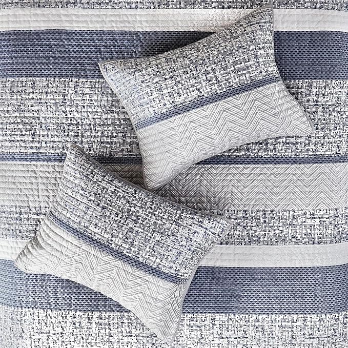 Madison Park Lustrous Jacquard Lightweight Navy King Quilt Set, 6pc | All Season Bedding Set, Glitter Accent Coverlet Set, Machine Washable, Cozy, Breathable, Soft, Modern, Casual