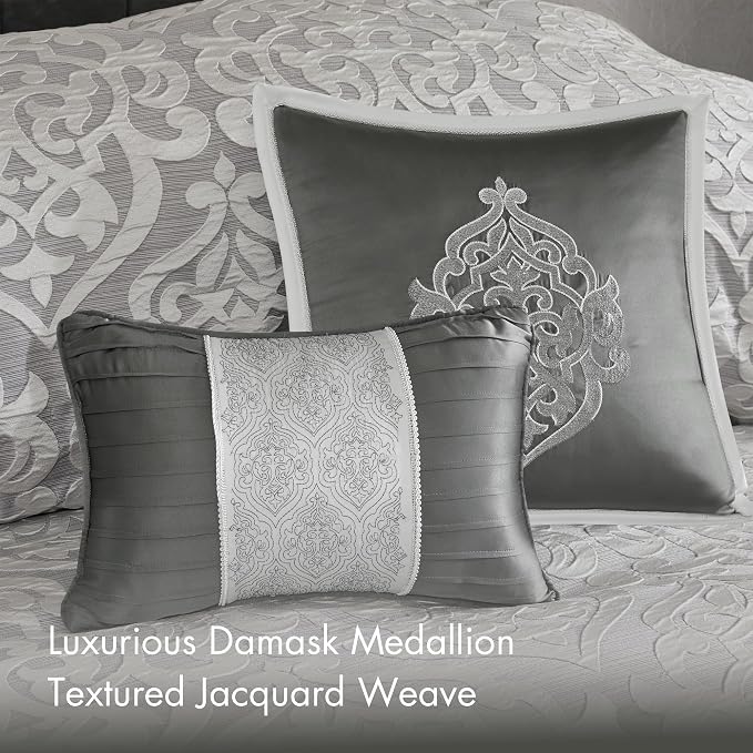 Madison Park Odette Cozy Comforter Set Jacquard Damask Medallion Design - Modern All Season, Down Alternative Bedding, Shams, Decorative Pillows, Queen(90 in x 90 in), Silver 8 Piece | All Season Down Alternative Bedding with Comforter, Shams, Bed Skir...