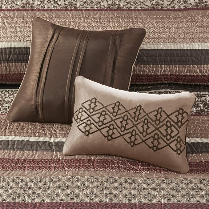 Madison Park Quilt Set Luxurious Jacquard Stripes Design - All Season, Coverlet Bedspread Lightweight Bedding Layer, Shams, Decorative Pillow, Full/Queen(90"x90"), Floral Red 5 Piece | All Season, Luxurious Coverlet Bedspread Lightweight Bedding Layer,...
