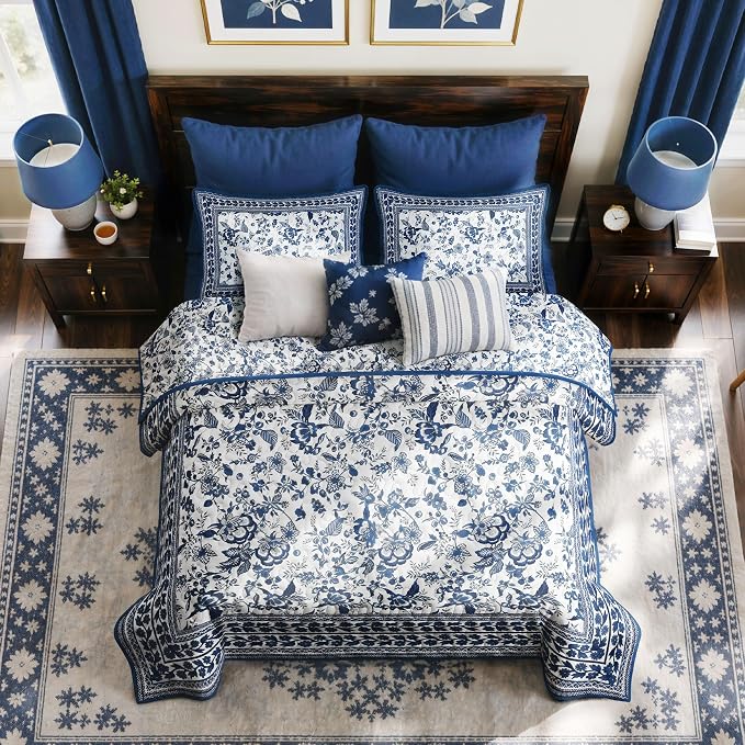 FLYMME Blue and White Vintage Floral Quilt Set Twin Size, 2-Piece Classic Reversible Bedspread Coverlet with 1 Pillow Sham, Lightweight Botanical Bedding Set for All Season