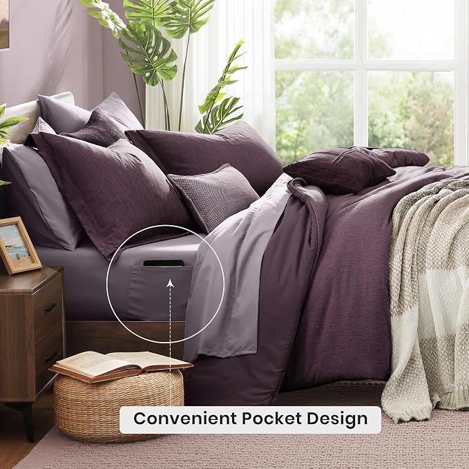 Monbix Oversized Queen Comforter Set 7 Pieces Italian Plum Bed in a Bag | Cationic Dyeing Reversible All Season Bedding Sets with Comforter, Sheets, Pillowcases & Shams
