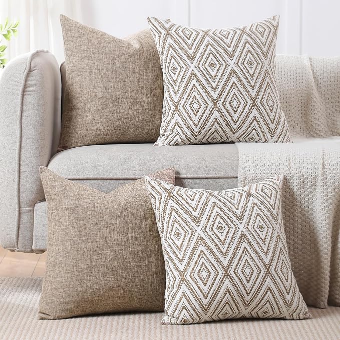 HPUK Throw Pillow Covers 18x18, Set of 4, Light Brown Couch Pillow Covers | Polyester fabric, patterned and solid designs, hidden zippers, machine washable, for sofas and beds, inserts not included