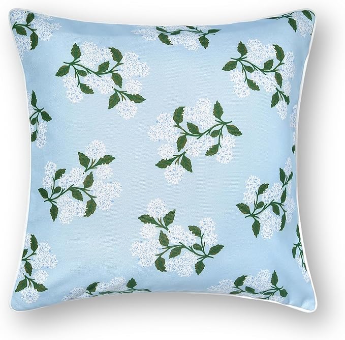 Hofdeco Premium Coastal Patio Indoor Outdoor Throw Pillow Cover Only, 20"x20" Water Repellent for Backyard, Couch, Baby Blue Print Hydrangea Flower