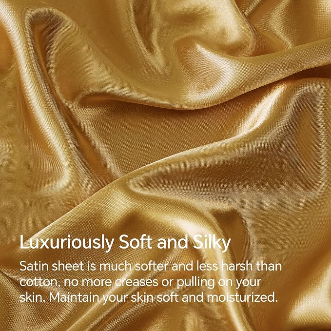 BEDELITE Satin Sheets King Size Bed Set, Gold, 4 Pieces | Luxury Silky Bed Sheets, 15 Inch Deep Pocket, Similar to Silk, Soft and Cooling, Reduces Friction, Gentle on Hair and Skin