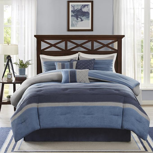 Madison Park Casual Modern Comforter Set, 7PC King Bedding Set | All Season Bedding with Comforter, Matching Bed Skirt, Decorative Pillows, Shams, Navy
