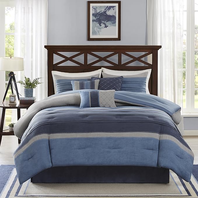 Madison Park Casual Modern Comforter Set, 7PC Queen Bedding Set | All Season Bedding with Comforter, Matching Bed Skirt, Decorative Pillows, Shams, Navy
