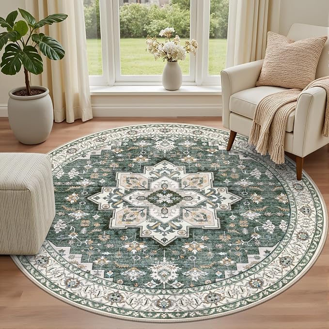 Round Area Rug for Living Room: 4ft Boho Washable Rug Green Ivory | Vintage Boho Soft Round Rug Indoor Floor No Slip Carpet Stain Resistant Rugs for Bedroom Dining Room Nursery Home Office