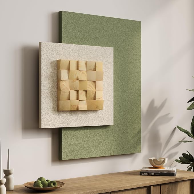 Large Wood Abstract Wall Art for Living Room, Modern 3D Artwork for Walls | Natural sage green tone, Textured paintings, Big woodern layered sculpture, Bedroom dining room office wall decor aesthetic