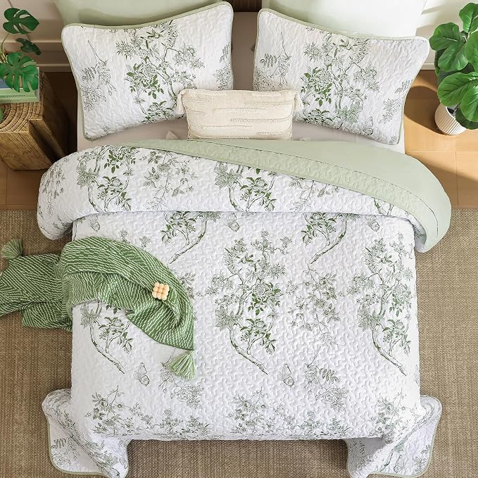 WONGS BEDDING Floral Quilt Set Queen, 3 Pcs Sage Green Bedspreads Coverlets | Spring Summer Floral Farmhouse Bedspread with 2 Shams,Soft Microfiber Lightweight Coverlet for All Season 96"×90"