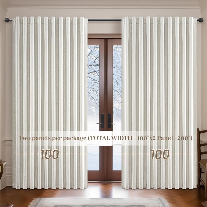 QJmydeco Curtains 100 Inch Length Wide Pleated Blackout Curtain for Sliding Glass Door/Living Room, Farmhouse Birch Linen Thick Boho Bedroom Heavy Insulated Large Window Drapes (100" Wx90 Lx2Panels)