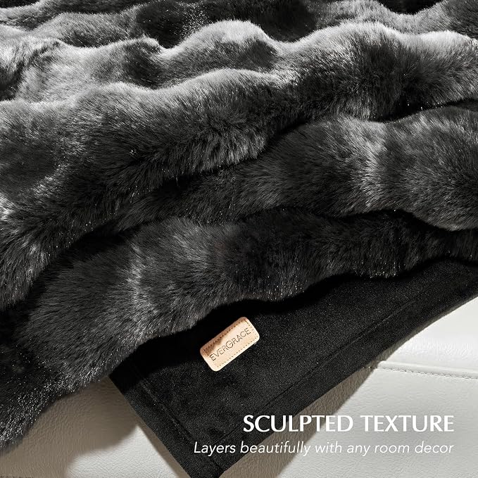 EverGrace Faux Rabbit Fur Bubble Throw Blanket, 60"x80", Marble Black | Ultra Soft, Luxury Faux Rabbit Fur Throw, Thick Warm Bubble Blanket, Cozy Fluffy Reversible, for Bed, Couch, Chair, Sofa