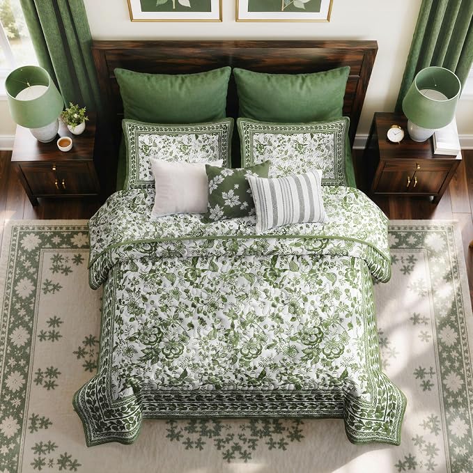 FLYMME Green Vintage Floral Quilt Set Full/Queen Size, 3-Piece Classic Reversible Bedspread Coverlet with 2 Pillow Shams, Lightweight Botanical Bedding Set for All Season