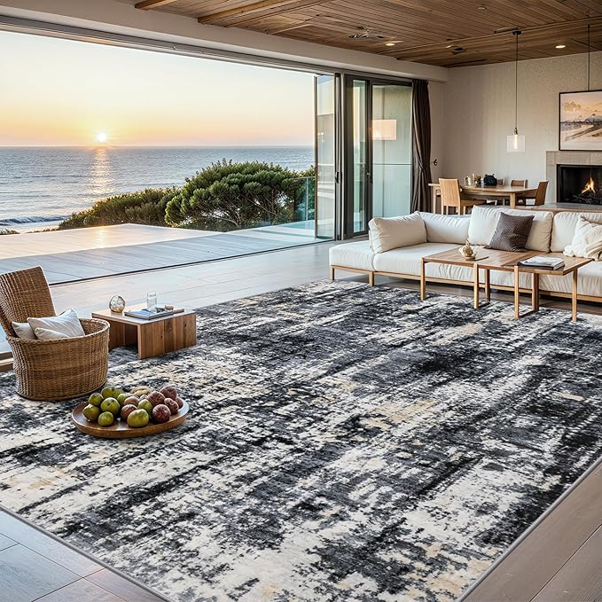 PLHXFR 10x12 Area Rug Living Room: Abstract Washable Carpet Black Gold | For Bedroom Dining Room Farmhouse Nursery Home,Machine washable,Non Slip,Large Soft Neutral,Stain Resistant, Indoor Floor