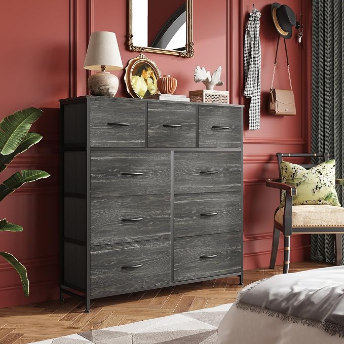 WLIVE Tall Dresser for Bedroom, 9 Drawer Chest of Drawers, Black Wood Grain | 9 roomy fabric drawers, Tall storage design, Bedroom or closet use, Sturdy steel frame, Smooth wood tabletop