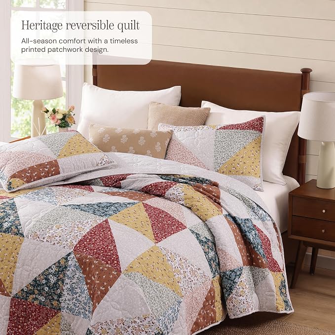 Twin/Twin XL Quilt Set-2 Pieces Soft Bedding Floral Patchwork Coverlet | All Seasons Lightweight Quilts Queen Size, 1 Quilt (66" x 92") and 1 Sham (20" x 26"), Reversible Bedspread, Burnt Orange