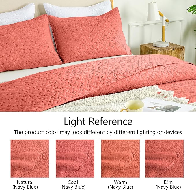 FLYMME Twin Quilt Set,Lightweight Coral Bedspreads,Basket Weave Pattern,Ultra Soft Microfiber Bedspread Bed Coverlet 2 Pieces for All-Seasons (1 Quilt,1 Shams)