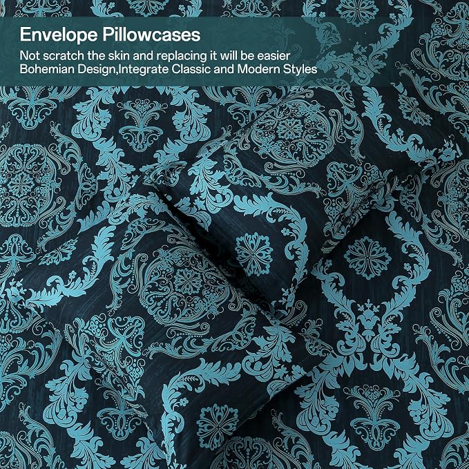 WONGS BEDDING 7 Piece Queen Comforter Set, Teal Texture Breathable Microfiber Comforter Bedding Set for All Season, Damask Bed in a Bag with Comforter, Flat Sheet, Fitted Sheet, Pillowcases & Shams