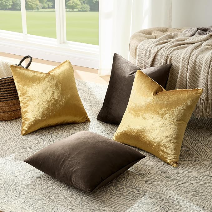 GIGIZAZA Pack of 4 Decorative Velvet Pillow Covers 18x18 Brown Gold | Throw Pillows for Couch Sofa,280gsm Soft Textured Fabric,Modern Accent Pillowcases,Luxury Living Room Cushion Covers
