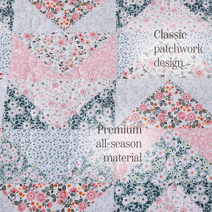 Twin/Twin XL Quilt Set-2 Pieces Soft Bedding Floral Patchwork Coverlet | All Seasons Lightweight Quilts Queen Size, 1 Quilt (66" x 92") and 1 Sham (20" x 26"), Reversible Bedspread, Pink