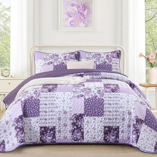 Anibedding Purple Patchwork Quilt Set King, Rose Floral Plaid Bedspread | Lavender Vintage Flower Coverlet, Lighweight Microfiber Farmhouse Quilt Bedding Set 3 Pieces for All Season, 96''x90''