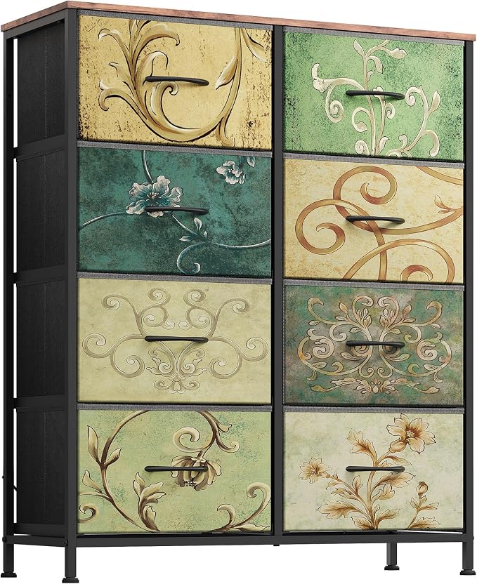 WLIVE 8 Drawer Fabric Dresser for Bedroom, Tall Storage Tower, Floral | 8-drawer tall storage tower with fabric bins and wood tabletop, breathable non-woven, perfect for bedroom closet dorm