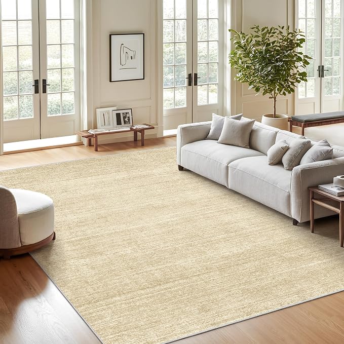 8x10 Area Rugs for Living Room, Large Washable Rug Non Slip, Tan | Soft Low Pile, Thin & Lighweight Carpet, Folable Stain Resistant Modern Indoor Floor Mat for Bedroom, Dining Room, Home Decor