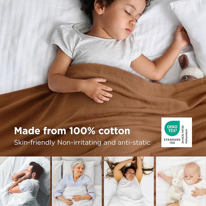 Bedsure 100% Cotton Blanket, Herringbone Weave, Queen Size, Burnt Orange | Breathable, Lightweight, Soft, Cooling for Hot Sleepers, Ideal for Summer & Fall Nights, Machine Washable, 90x90 Inches