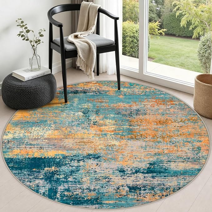 Round Area Rug Living Room: 5 ft Modern Washable Indoor Carpet | For Bedroom Dining Room Farmhouse Nursery Hallway Office,Modern Abstract,Machine washable,Non-Slip,Stain Resistant,Indoor