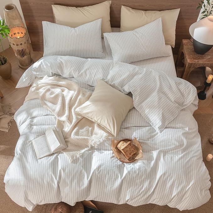 MooMee Striped Duvet Cover Set 100% Washed Cotton Linen Like King | Relaxed Linen-like Texture. Soft, Breathable & Long-lasting Comfort. Lightweight. Hidden Zipper with 8 Interior Corner Ties