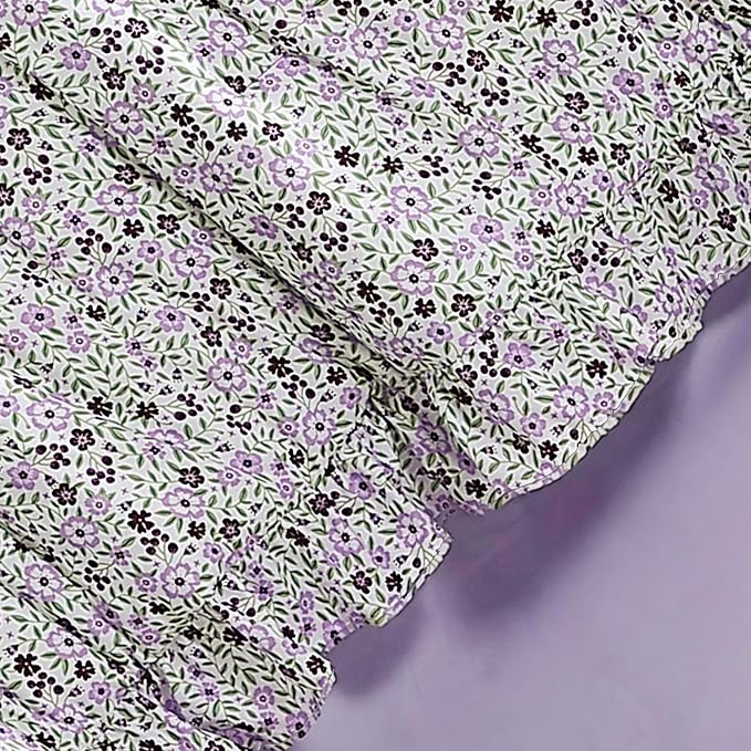 Queen Comforter Set-7 Pieces Floral Ruffle Bedding Set | Violet Ditzy Bed in a Bag, Soft Lightweight All Season Farmhouse Queen Bedding Sets with Sheets, Pillowcases & Shams