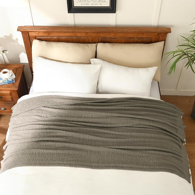 JOOJA Taupe Throw Blanket for Bed, Super Soft Knit Boucle Blankets, Cozy Fleece Fuzzy Fluffy Plush Chenille Throws Blanket for Couch, Sofa, 60 x 80 inches