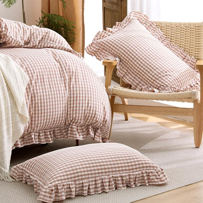 ATsense Pink Brown Gingham Ruffle Duvet Cover Set Cotton Like Linen, Queen | 100% Washed Cotton Linen-Like Feel Soft, Breathable & Comfy. Fall Farmhouse Bedding Set, Zipper & 8 Ties. 3 Pcs, No Insert