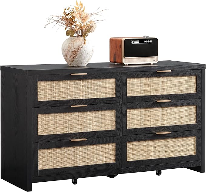 SICOTAS Rattan Dresser for Bedroom, 57" Wide 6 Drawer Dresser | Dressers with Ample Storage, Large Chest of Drawers, Closet, Boho TV Stand for Bedroom, Black Oak, 1 Piece