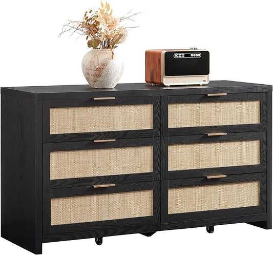 SICOTAS Rattan Dresser for Bedroom, 57" Wide 6 Drawer Dresser | Dressers with Ample Storage, Large Chest of Drawers, Closet, Boho TV Stand for Bedroom, Black Oak, 1 Piece