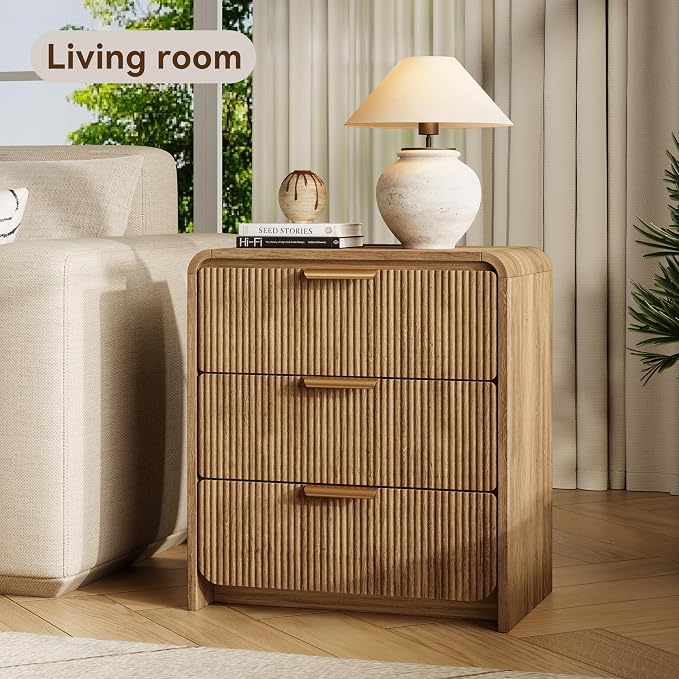 24" 3 Drawers Fluted Nightstand, Light Walnut | 3 Drawers Bedside Table, Metal Handles & Charging Station, Curved Profile End Table for Bedroom