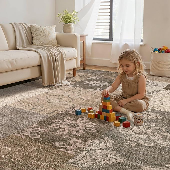 UERMEI 9x12 Area Rug for Living Room, Washable Brown Modern Geometric Patchwork Non Slip Stain Resistant Low Pile Foldable Carpet for Bedroom Dining Farmhouse Home Office