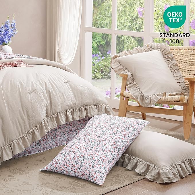 King Size Comforter Set-7 Pieces Ruffle Bedding Floral Sheet | Brich Bed in a Bag, Soft Lightweight All Season Farmhouse King Size Bedding Sets with Floral Sheets, Pillowcases & Shams