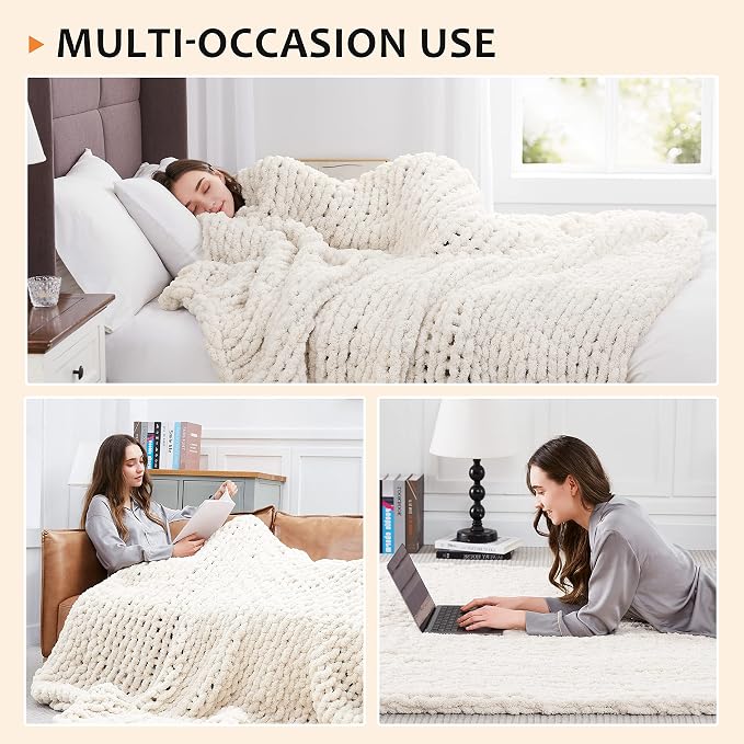 L'AGRATY Chunky Knit Throw Blanket for Couch, 60'' x 80'' Knit Throw, Ivory | Handmade Chenille Crochet Blanket for Sofa Bed, Thick Cable Knitted Blankets for Room Home Decor, Birthday Gift for Women Mom