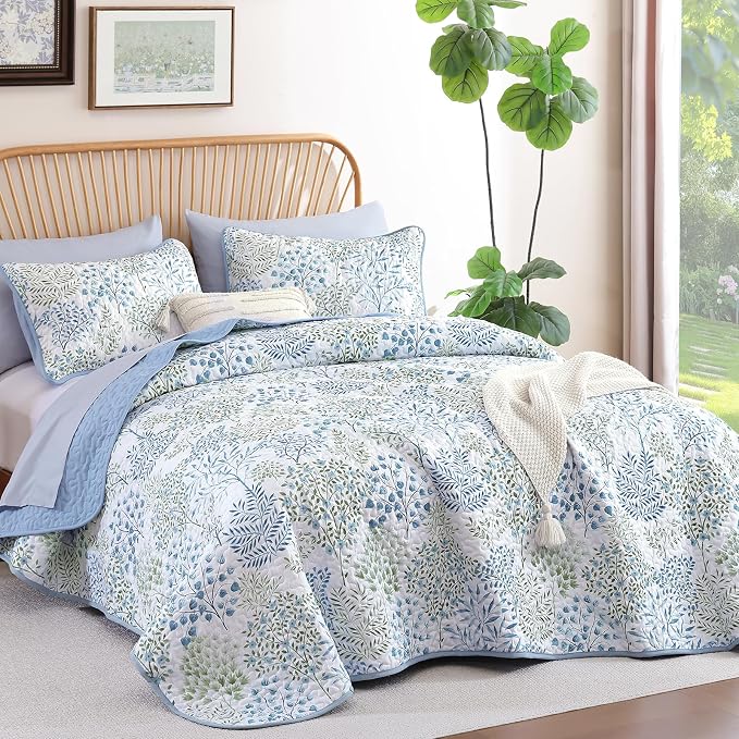WONGS BEDDINGKing Quilt Set, 3 Pcs Blue Green Floral Bedspread Coverlet | Botanical Print Quilt Set for Spring Summer, Lightweight Microfiber Farmhouse Quilted Bed Cover for Guest Room 110"×90"