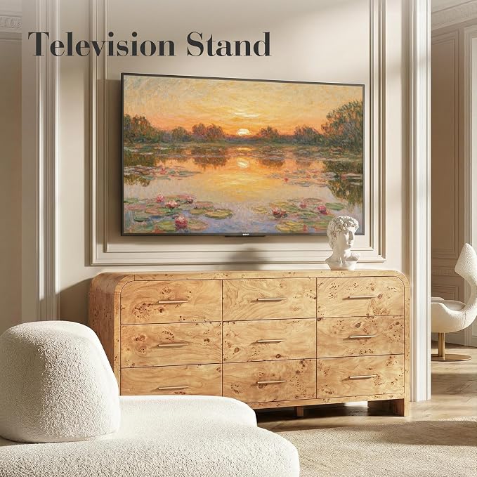 Curved 9-Drawer Dresser for Bedroom, 63" Wide Modern Chest of Drawers, Vanity Desk TV Stand for Living Room, Closet Storage Drawers Organizer Furniture, Nursery, Hallway, Light Burl
