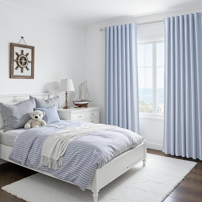 Dusty Blue Blackout Nursery Curtains 108 Inch Tall Length for Kids/Boys Rooms/Bedroom, Floor to Ceiling Track Pleated Large Window Drapes Linen Winter Thermal Coastal Light Blue(50"Wx108"Lx 2Panels)