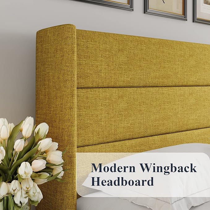 Allewie Full Size Lift Up Hydraulic Storage Bed Frame Olive Yellow | Modern Wingback Headboard, Hydraulic Support Storage, No Box Spring Needed