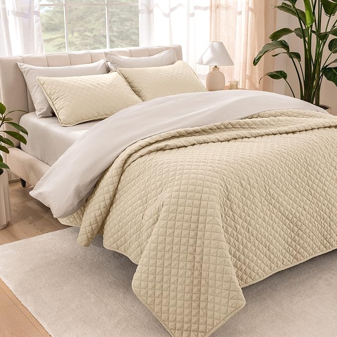 Bare Home Coverlet Set - Full/Queen - Lightweight Bed Decor - Comforter Alternative - All-Season Quilted Bedspread (Full/Queen, Sand)