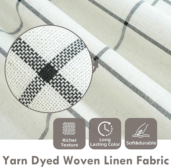 DriftAway 100% Blackout Windowpane Plaid Linen Curtains 36 Inches Black | Double Layer Farmhouse Drapes for Living Room Bedroom Yarn Dyed Woven Thermal Insulated Rod Pocket Back Tab 2 Panels