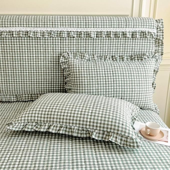 LifeTB Queen Comforter Set Green Gingham Comforter Vintage Ruffle Checkered Pattern Comforter Set Chic Grid Plaid Bedding Comforter Lightweight Fluffy Soft Gingham Bedding Set Queen Breathable
