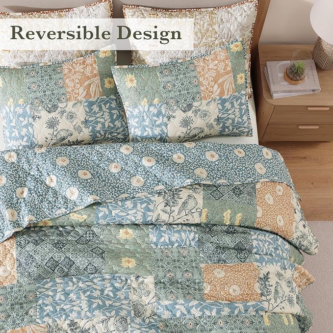 Twin Quilt Set-2 Pieces Soft Twin Bedspread Floral Patchwork Quilt | Lightweight Green Quilt, Reversible Vintage Floral Bedding Set, All Season Bed Coverlet with 1 Pillow Sham, 66"x92"