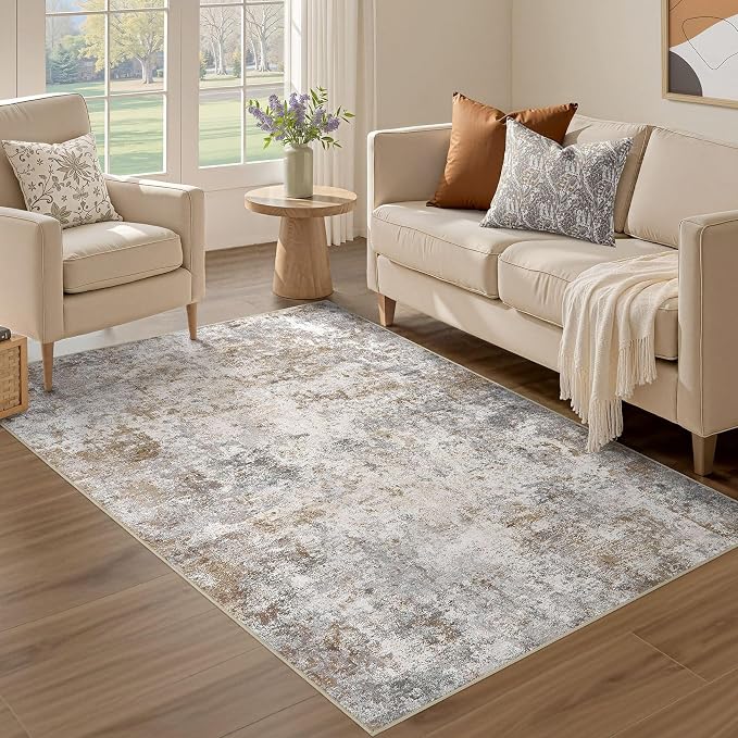 UERMEI 3x5 Entryway Area Rug Washable Neutral Brown Grey Small Carpet | Modern Abstract Non-Slip Soft Low Pile Rugs for Entrance Kitchen Living Room Bedroom Front Door Decor, Kid & Pet Friendly
