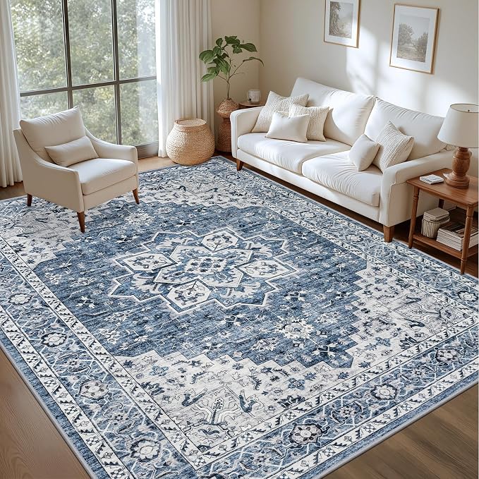 3x5 Area Rugs Living Room: Washable Vintage Rug for Bedroom Blue | Boho No Slip Stain Resistant Rug Soft Indoor Decor Floor Floral 3x5 Area Rugs for Dining Room, Nursery, Hallway, Home Office