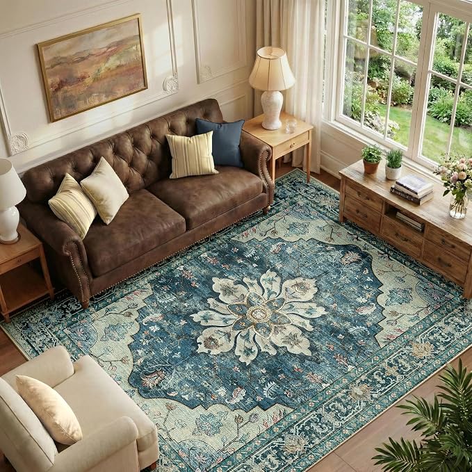 RELEANY Washable Area Rug, 6'x9', Blue/Vintage Dark Blue | Non-Slip, Water Repellent, Pet Friendly, Easy to Clean, Vintage Floral Boho Decor for Living Room Bedroom Dining Room Office