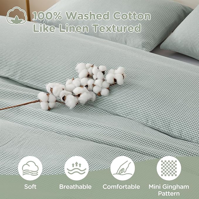 TOCOMOA Mini Gingham Green Duvet Cover Set Washed Cotton Like Linen, King | 100% Washed Cotton Linen-Like Feel Soft, Breathable & Comfy. Lightweight Bedding Set with Zipper & 8 Ties. 3 Pcs, No Insert